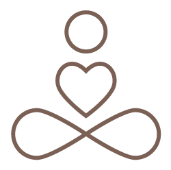 Icon von Einklang Achtsamkeit zeigt einen Meditierenden Menschen zusammengesetzt aus einem Kreis als Kopf, einem Herz als Oberkörper und einer liegenden Acht für die Beine im Schneidersitz.